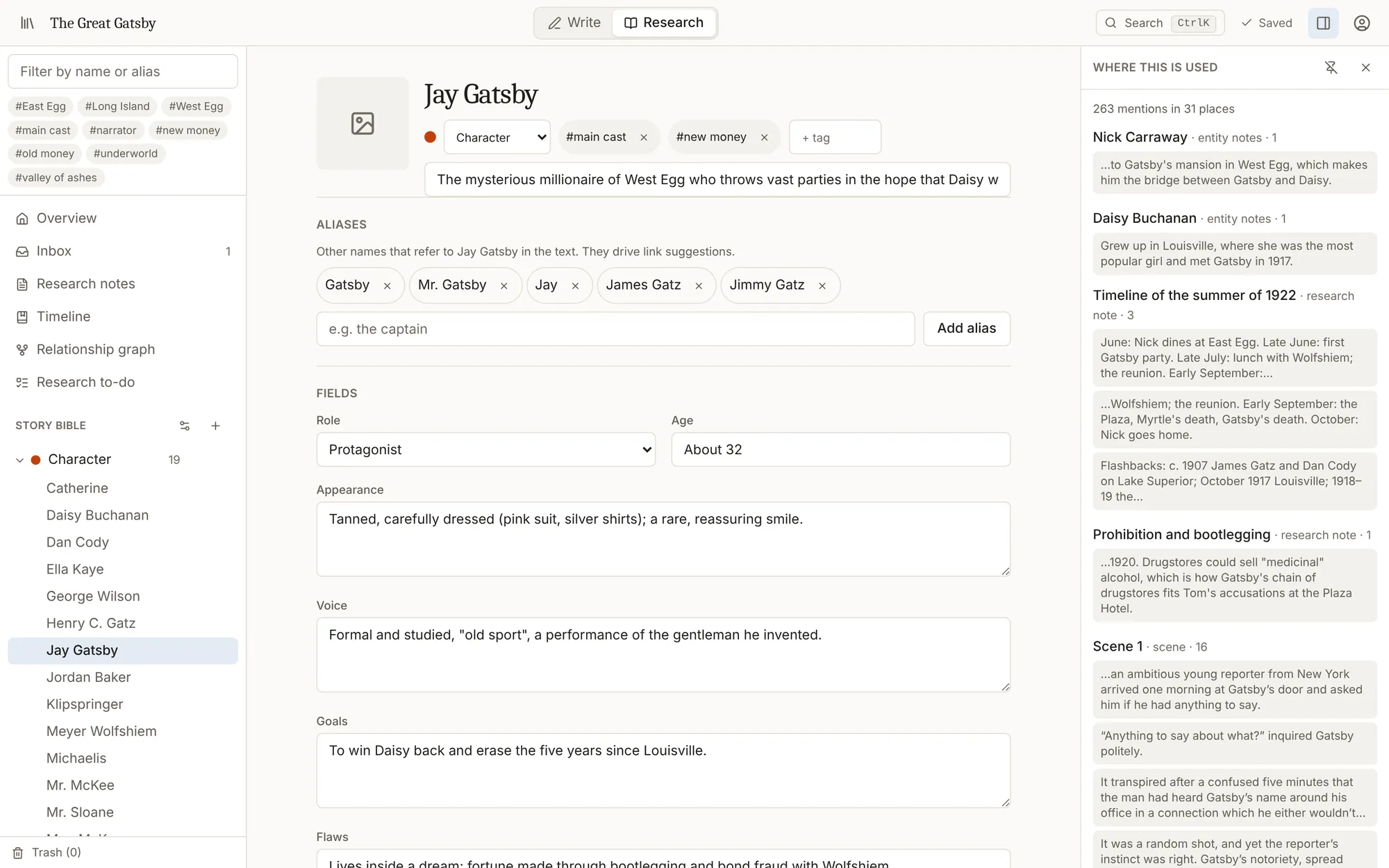 Jay Gatsby's page in the Research room: tags, aliases such as James Gatz, and character fields, with every mention listed on the right.