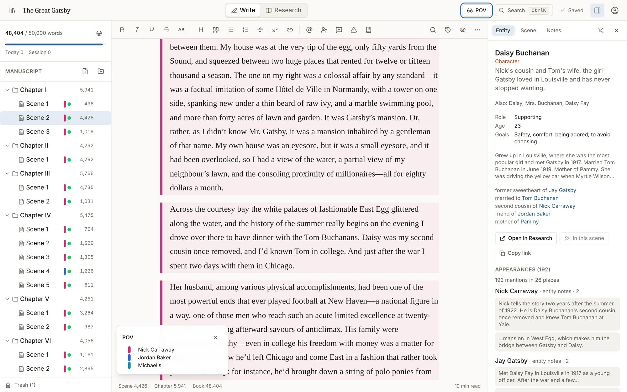 The POV lens tinting the manuscript and marking each scene in the binder by narrator.