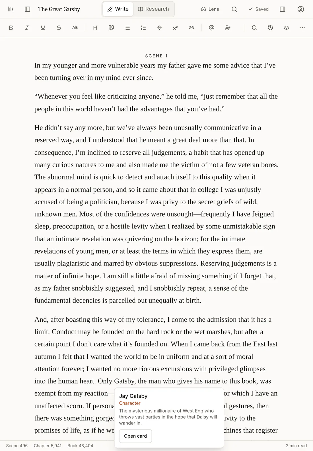 Novelstead on an iPad in portrait: the manuscript fills the screen and a tapped name shows a card for Jay Gatsby.