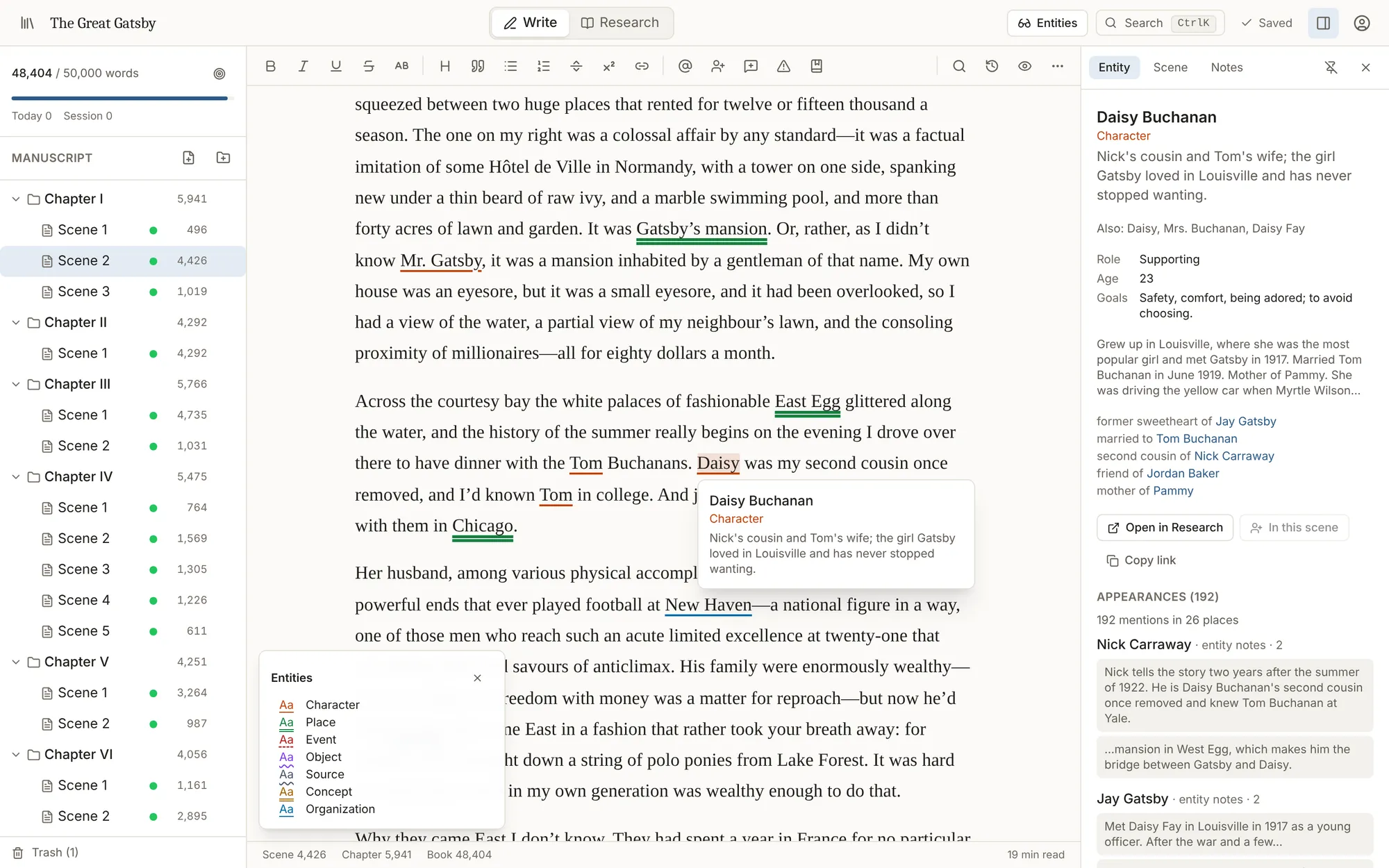 The Write room: chapters and scenes on the left, the manuscript in the middle with character and place names underlined, and Daisy Buchanan's card on the right showing her relationships and every appearance.